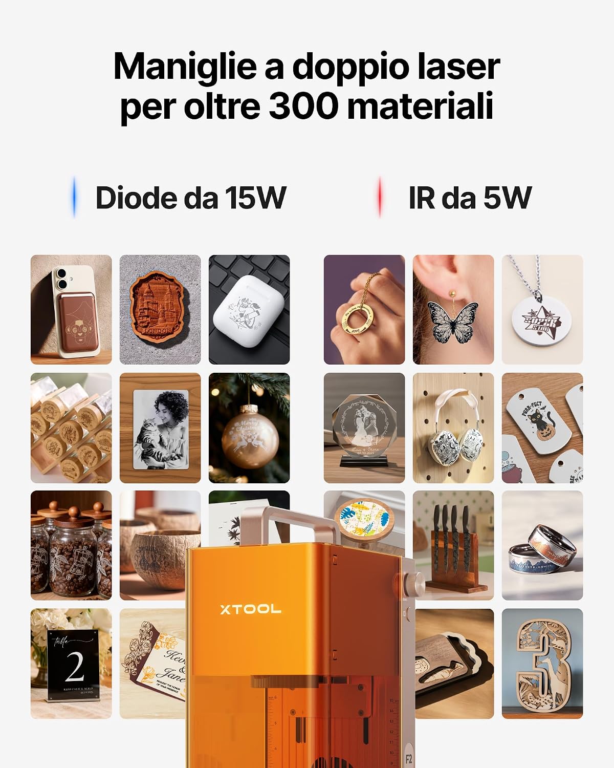 Detalle de xTool F2 Incisore Laser Deluxe Bundle: Doppio laser 15W + 5W IR con Telecamera 50MP, Incisione rapida e portatile per metallo, legno e acrilico