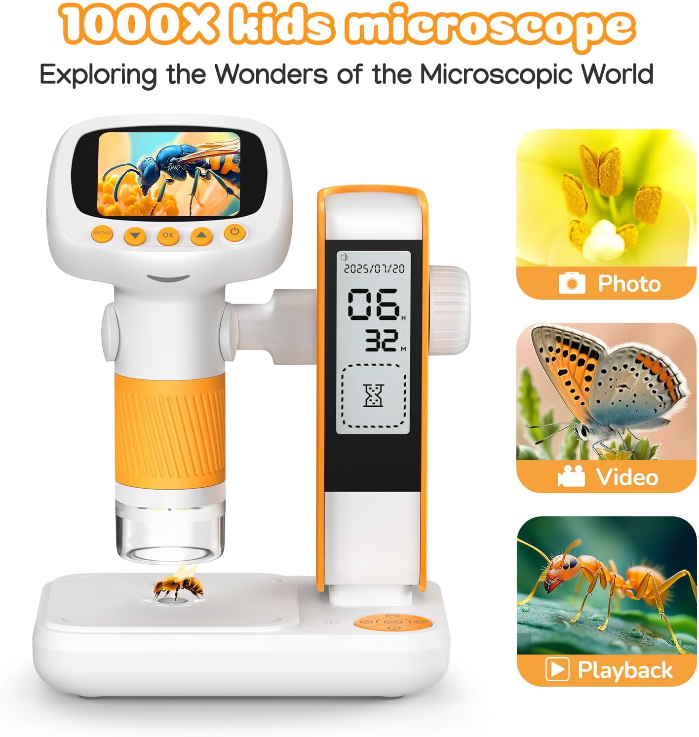 Detalle de 2 in 1 Microscope for Kids & Alarm Clock — 1000x Handheld Digital Microscope with 2" IPS Screen