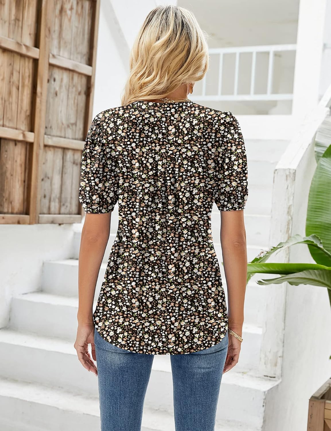 Detalle de EFFAN Womens V Neck Puff Sleeve Top