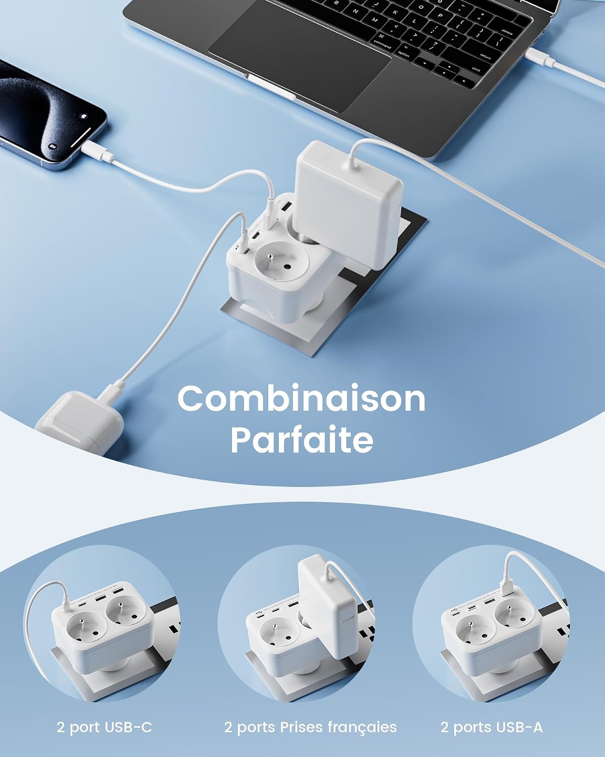 Detalle 2 de LENCENT reisadapter type B met Franse stopcontacten en 2 USB-A- en 2 USB-C-poorten