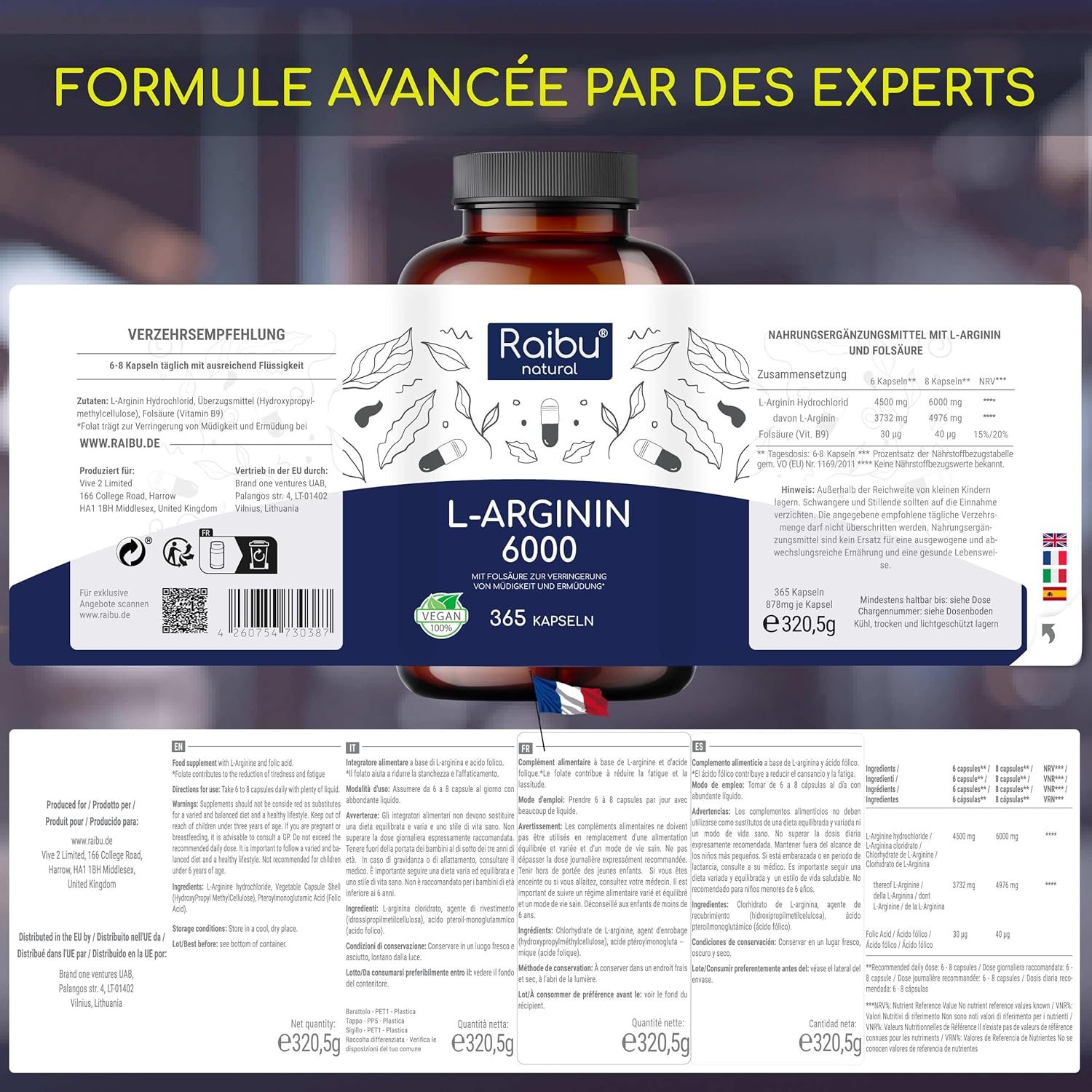 Thumbnail 2 de L-Arginine 365 gélules végétales (6000 mg L-Arginine HCL, 4976 mg de L-Arginine pure) – supplément pour routine active