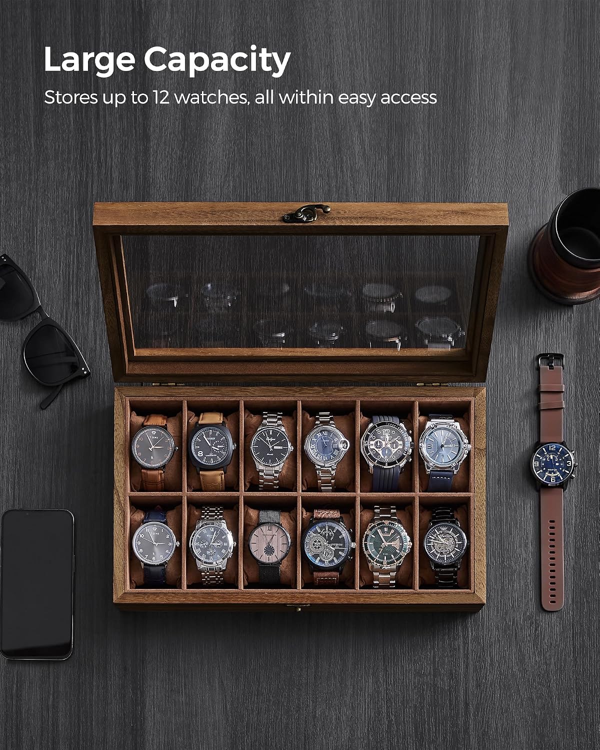 Thumbnail 3 de SONGMICS Anicia Collection JOW120K01 12-Slot Paulownia Watch Box with Glass Lid