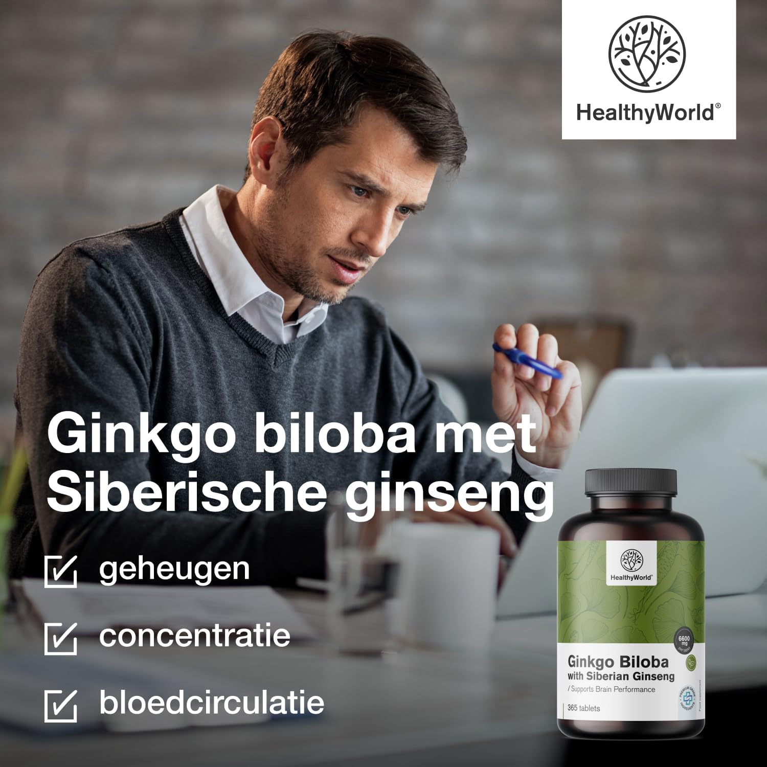 Thumbnail 3 de HealthyWorld Ginkgo Biloba met Siberische ginseng 6600 mg, 365 tabletten