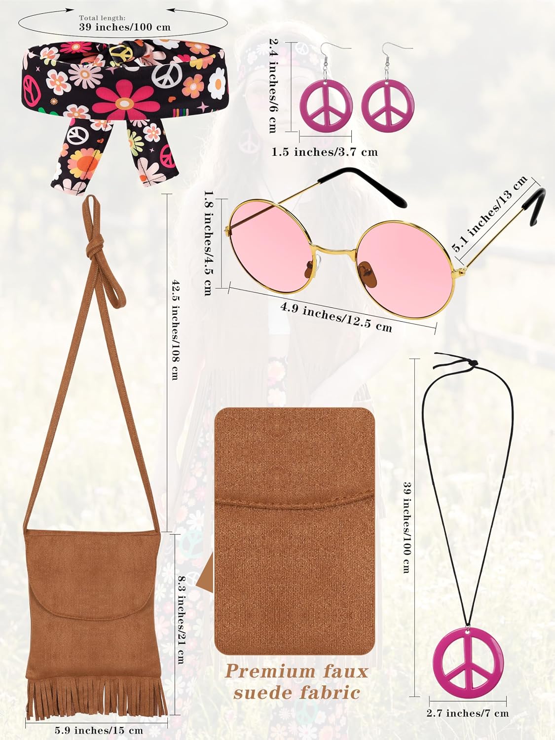 Detalle de SOMSOC 7-Piece Women's 60s & 70s Hippie Costume Set with Fringe Vest