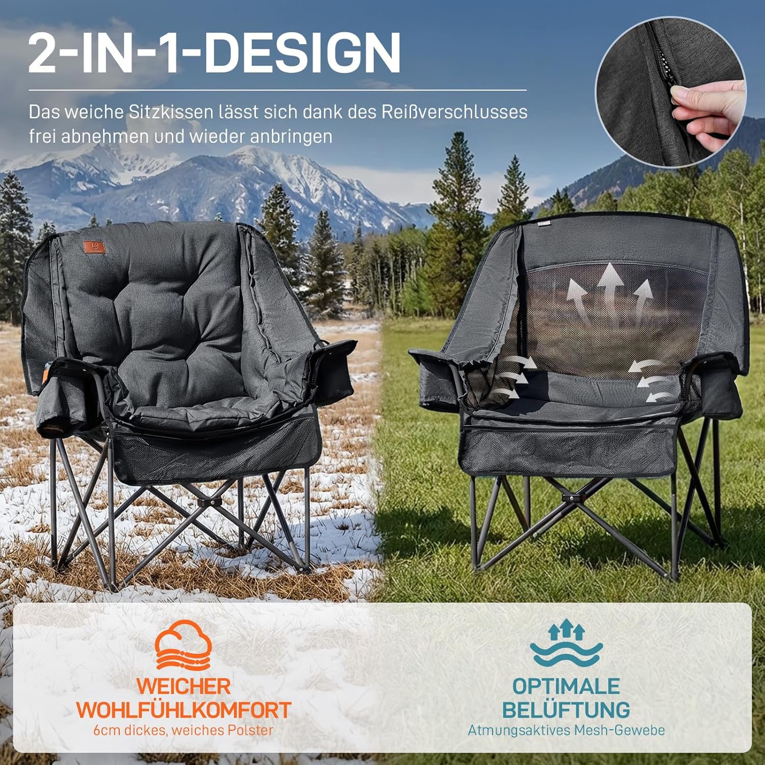 Thumbnail 1 de EVER ADVANCED 2-in-1 Campingstuhl Faltbar – Stabiler Klappstuhl mit abnehmbarer Polsterung, 180 kg Belastbarkeit, Kühltasche & Getränkehalter