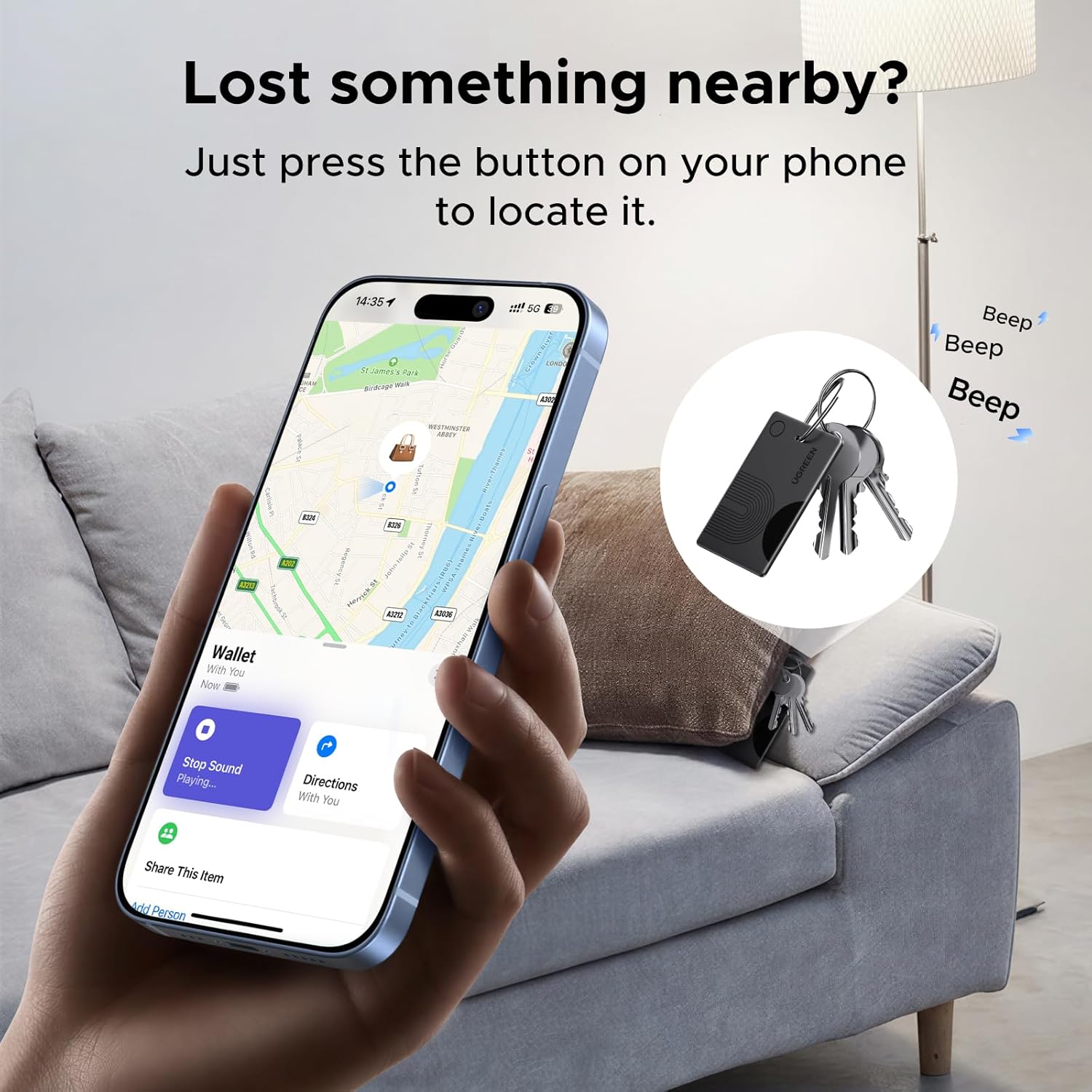 Detalle de UGREEN FineTrack Slim Wallet Tracker: Apple Find My‑certified, ultra‑long battery, IP68 waterproof