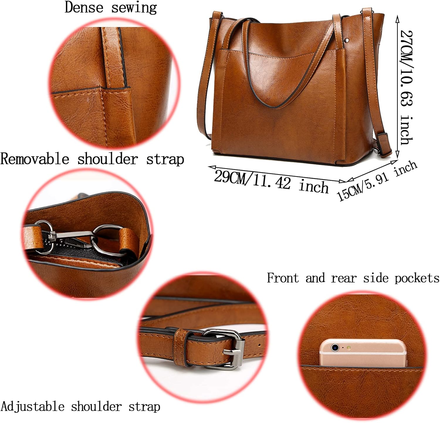 Detalle de Aileese Women's Soft PU Leather Handbags: Large Capacity Retro Tote