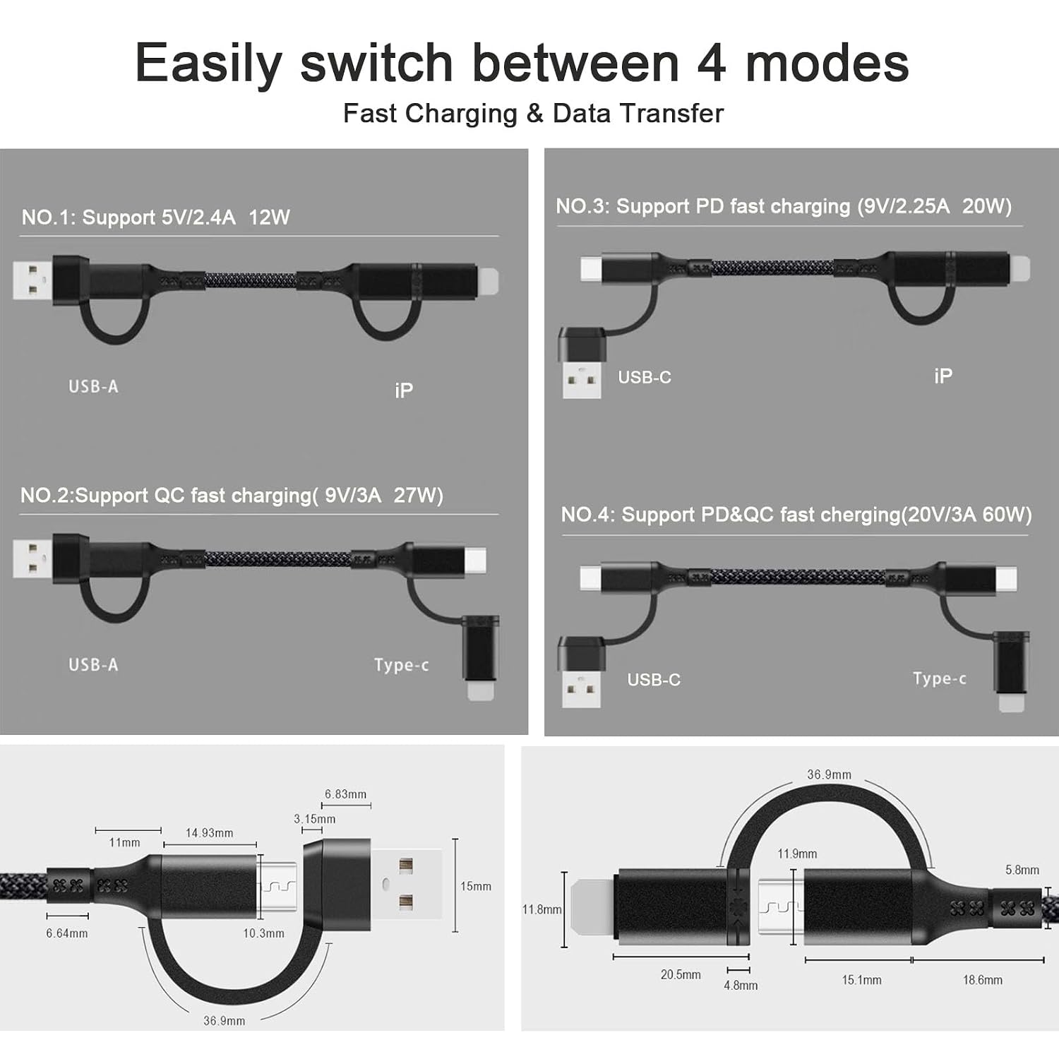 Detalle de Multi Charger Cable 4 in 1: Fast Charging, 60W, 1.2m – USB A/USB C Universal Cable