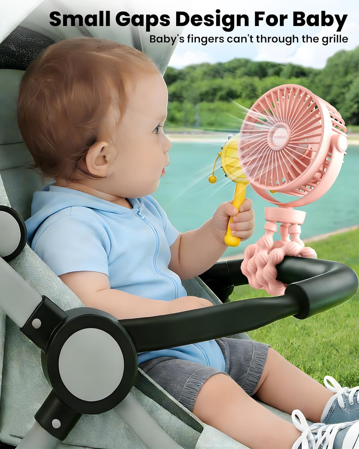 Detalle de Portable Pram Fan with 360° Rotation and 2000mAh Battery — Clip-On Stroller Fan