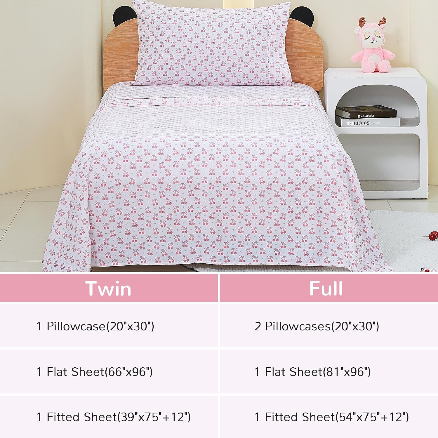 Thumbnail 6 de Viviland Full Sheet Set for Girls, Pink Cherry Bow Microfibre, 4-Piece