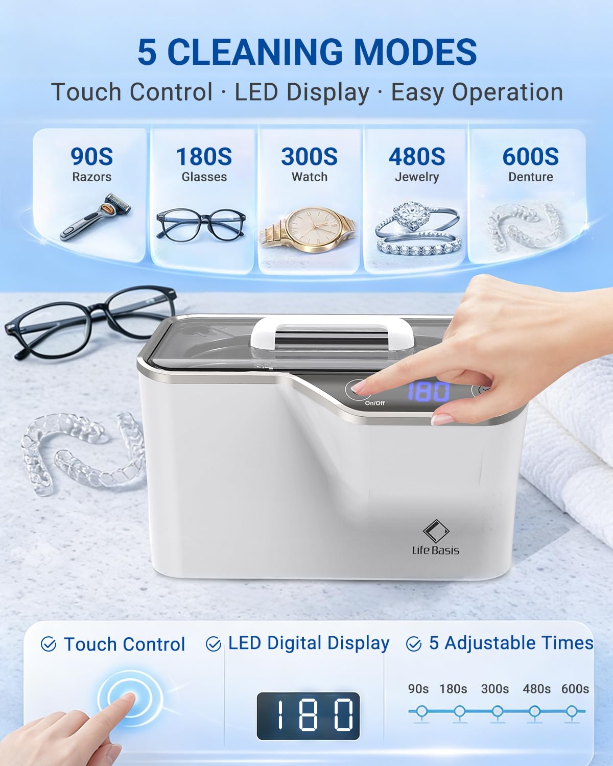 Detalle de LifeBasis Ultraschallreinigungsgerät 600 ml (CDS-100) – digitaler Brillenreiniger mit 5 Modi & LED-Timer, 50 W