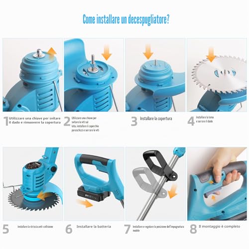 Thumbnail 8 de Leeikoo Decespugliatore a Batteria 21V con 2 Batterie da 2,0 Ah, 6 Lame Metalliche e 2 Dischi – Asta Telescopica e Testina Regolabile