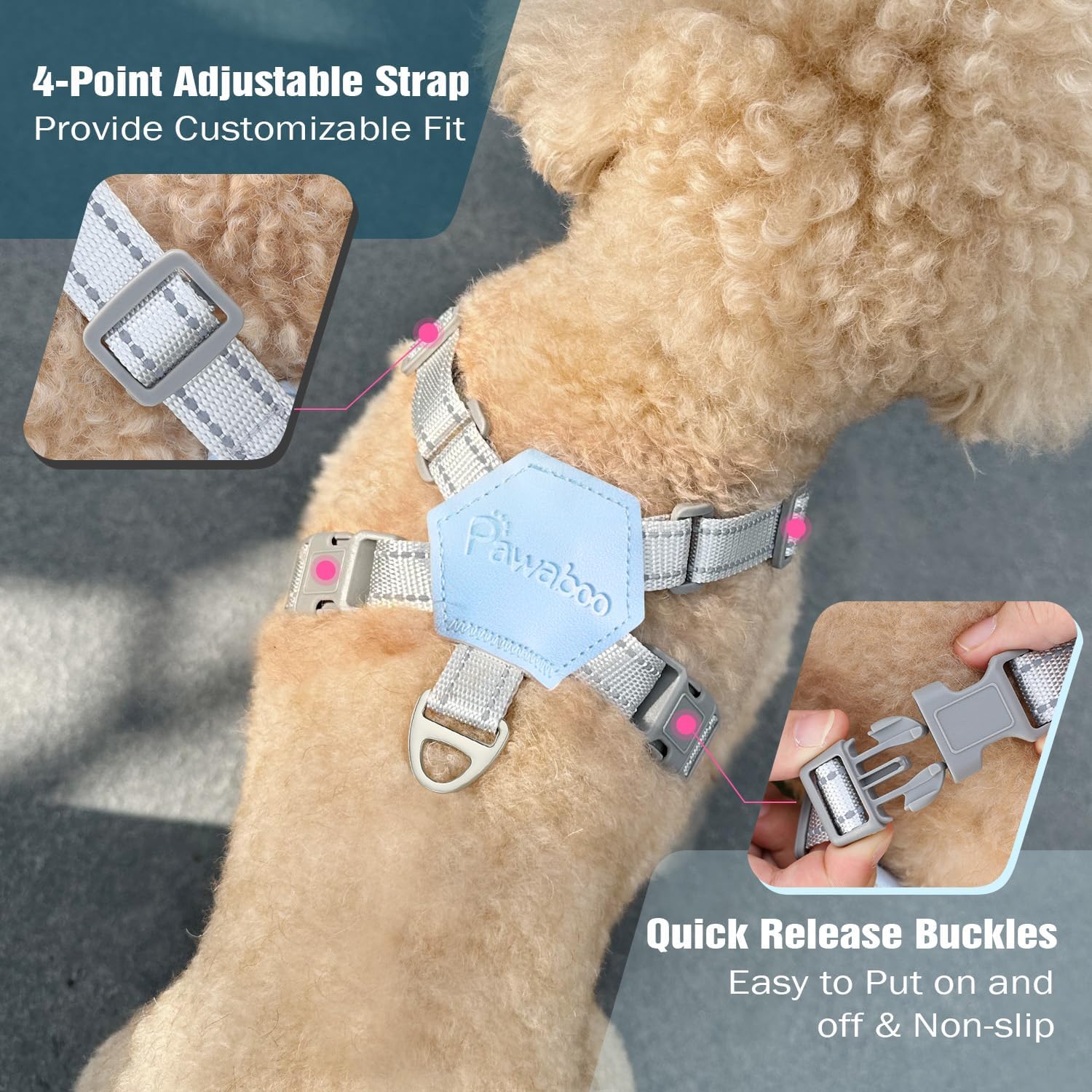 Detalle de Pawaboo Puppy Harness and Lead Sets – Small Dog X-Frame No Pull No Choke, Blue (Size M)
