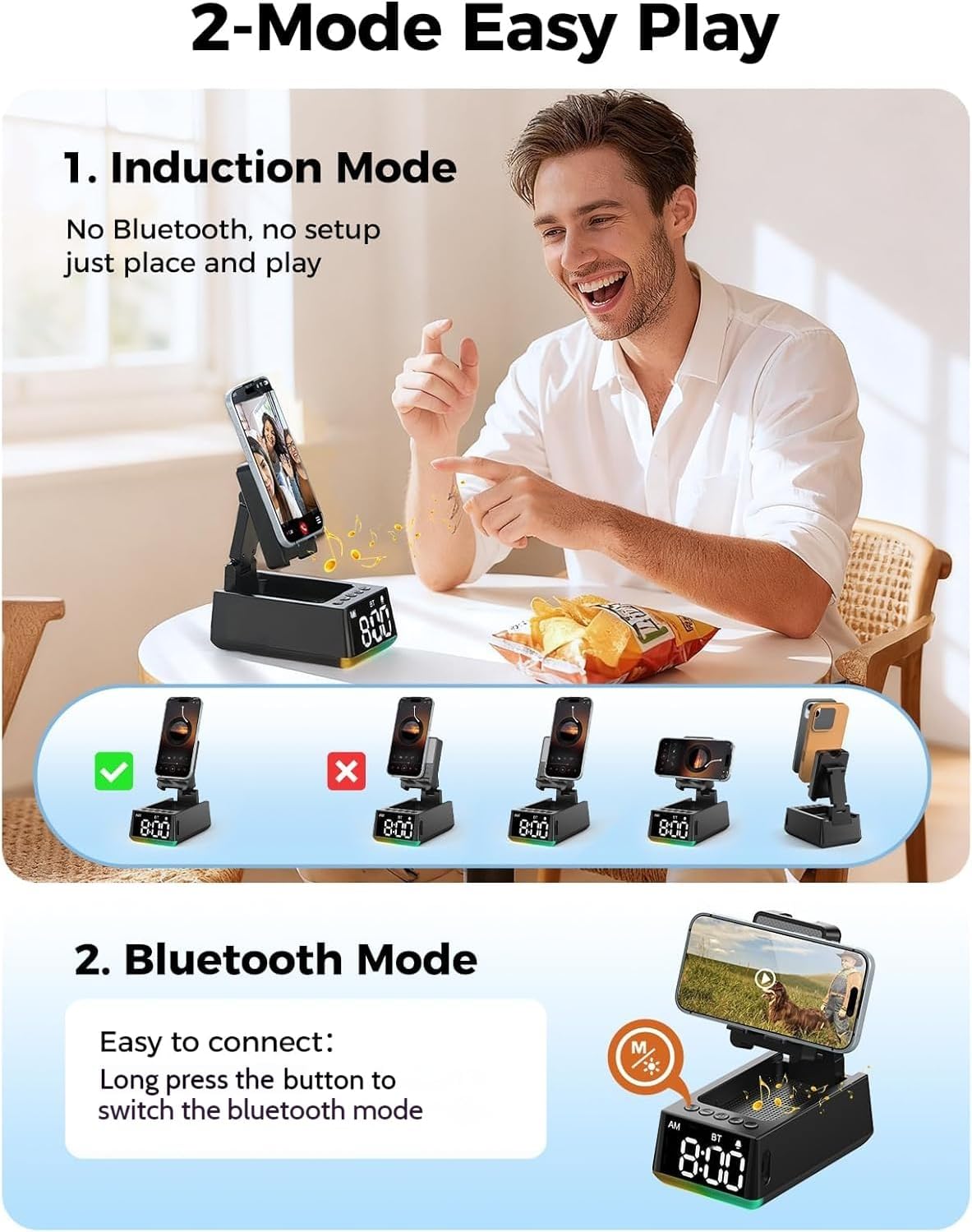 Detalle de BBL Wireless HD Surround Sound Bluetooth Speaker with Foldable Stand, Adjustable Phone Holder and LCD Alarm Clock