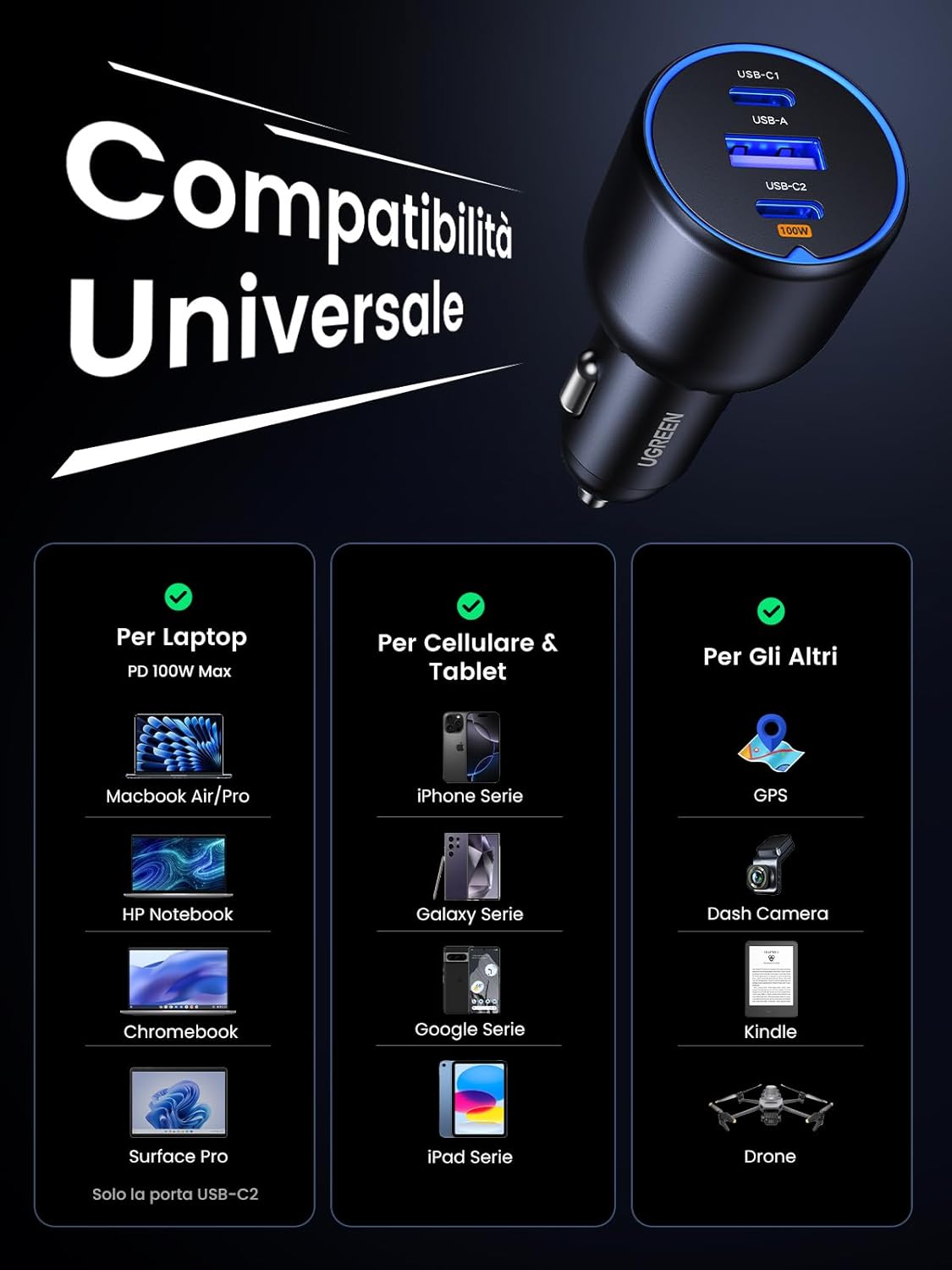 Thumbnail 3 de UGREEN 130W Caricatore Auto USB‑C 3 porte con cavo 100W