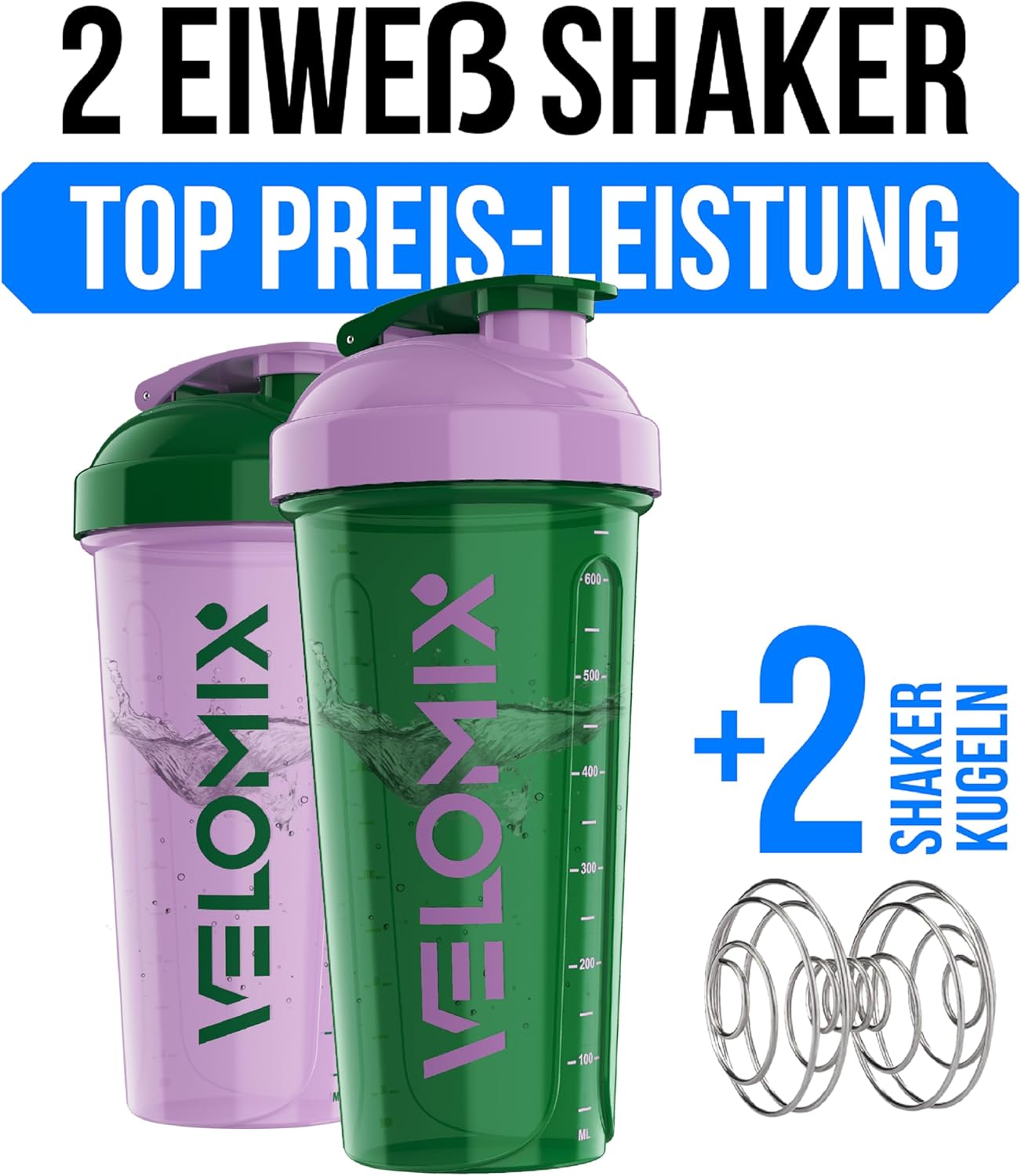Thumbnail 1 de VELOMIX 2er-Set Proteinshaker (2× 828 ml) mit Drehverschluss, Skala & Kugeln – auslaufsicher