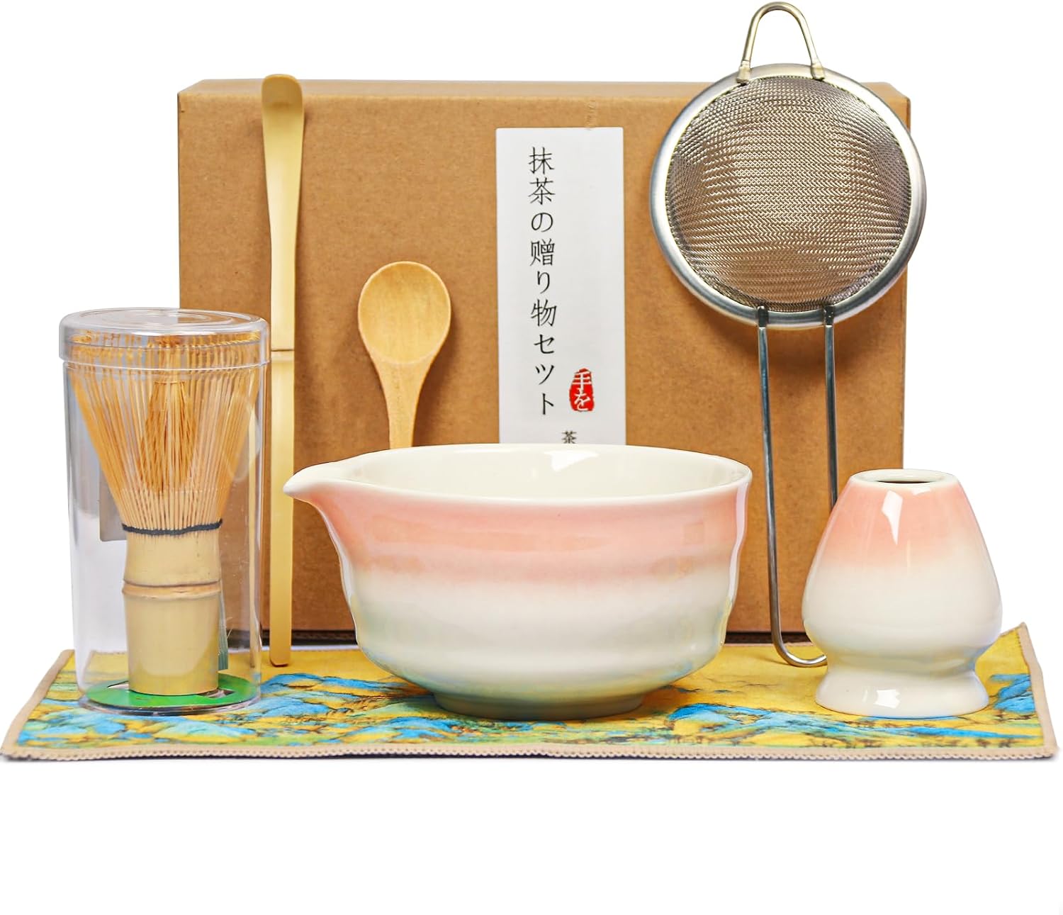 Detalle de Newthinking Matcha Besen Set – 7-teiliges Rosa Matcha Set mit Bambusbesen und Zubehör