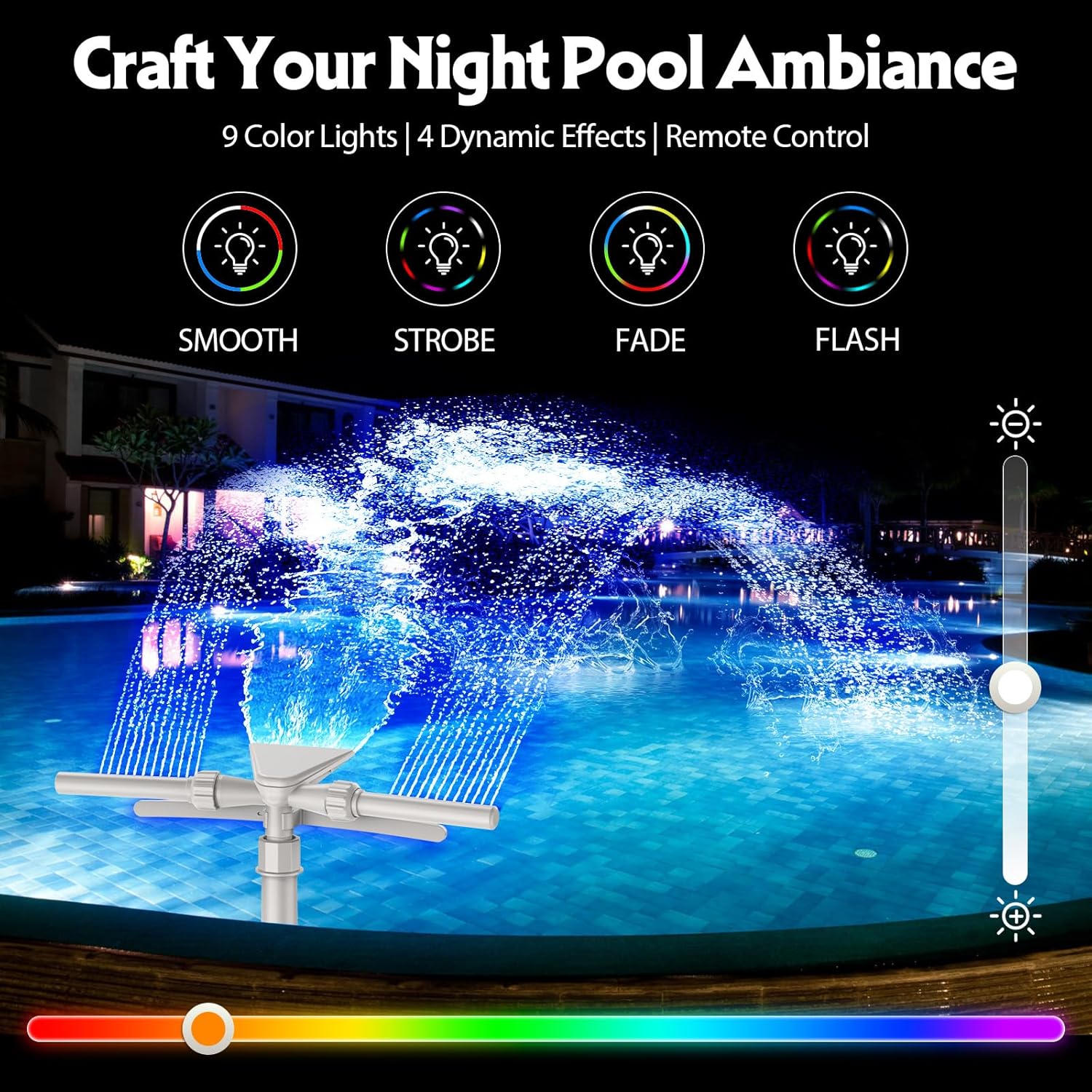 Detalle de Mooroer Fontaine de Piscine Solaire Tête 2 en 1 : cascade réglable, LED 9 couleurs et télécommande