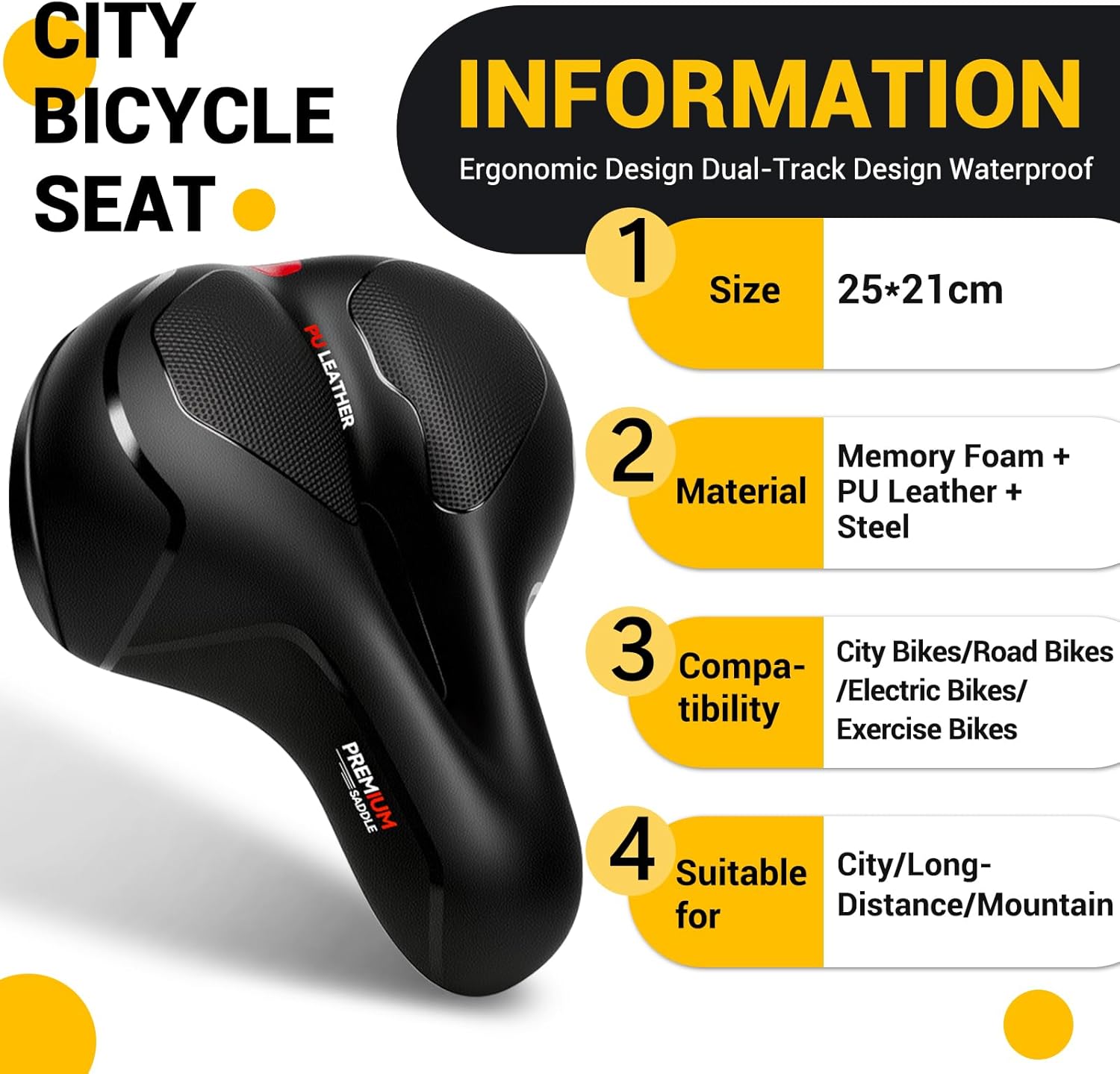 Thumbnail 1 de SPGOOD Fahrradsattel mit Memory-Foam, wasserdichtem Überzug und Universal-Kloben (25 × 21 cm) für City, MTB & Rennrad