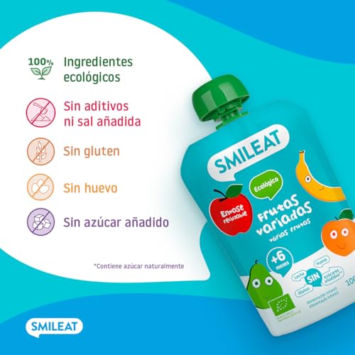 Detalle de Smileat Pack de 10 Pouch de Frutas Ecológicas – Sin sal ni azúcar añadido, sin gluten