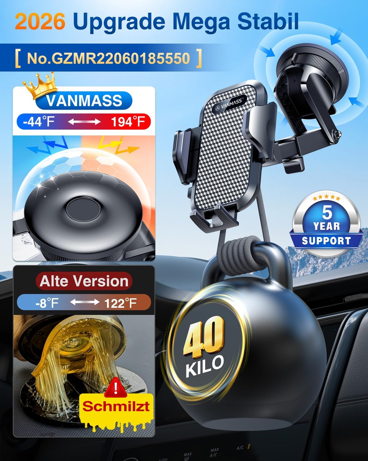 Thumbnail 6 de VANMASS 2026 Militärische Handyhalterung Auto Upgradе – Stärkster Saugnapf, Lüftungshaken, 360° Drehung