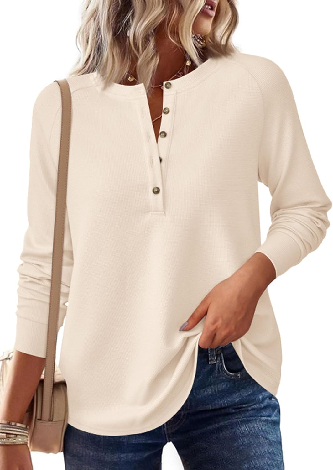 Thumbnail 2 de PRETTYGARDEN Waffle Knit Henley Top, Long Sleeve