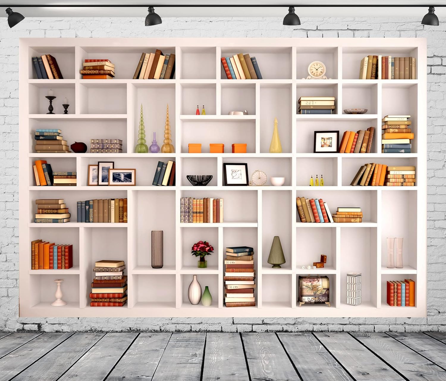 Detalle de BELECO Fotohintergrund als Bücherregal aus Stoff (2,1 x 1,5 m, Weiß) für Zoom, Videokonferenzen & Deko