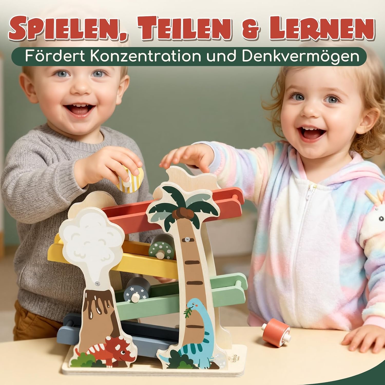Detalle 2 de Lehoo Castle Montessori Kugelbahn aus Holz mit Dinosaurier-Motiv für Kleinkinder ab 1 Jahr