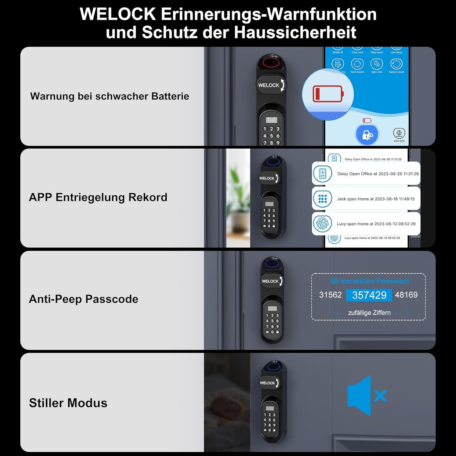 Detalle 2 de WELOCK U81 – Smartes Türschloss Ultra mit Fingerabdruck, Passwort, RFID, App-Steuerung und optionaler WiFi-Anbindung