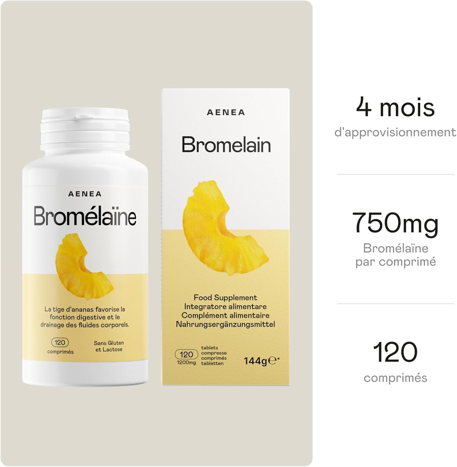 Detalle de Aenea Bromélaïne Forte 750 mg, 120 gélules — soutien digestif, microcirculation et drainage