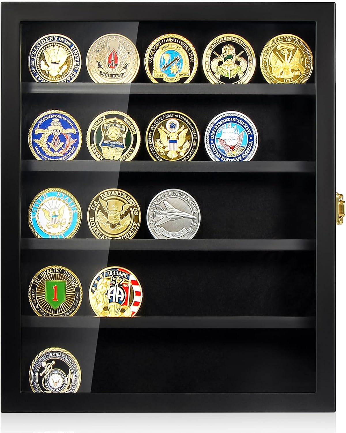 Detalle de Military Challenge Coin Display Case with Removable Shelves – Wall Mount Shadow Box