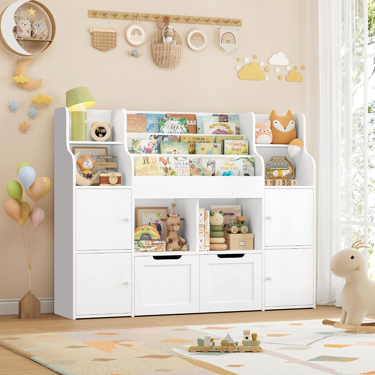 Detalle de FOREHILL P392 Kids Storage Unit, 3-Tier Bookshelf, 4 Doors, 6 Open Shelves