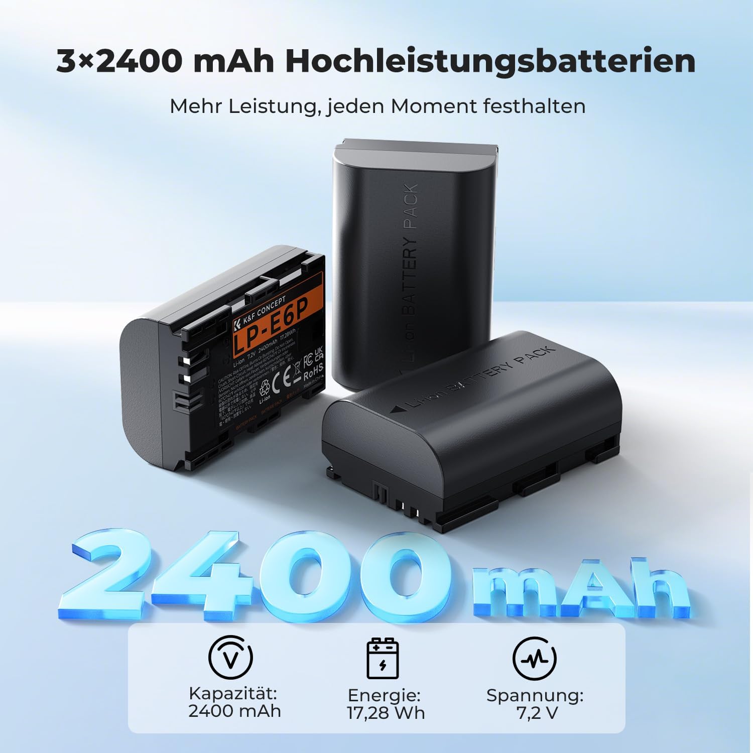 Detalle de K&F CONCEPT LP-E6P Akku 3er Pack mit 3-Slot Ladegerät – 7200 mAh Backup-Lösung für Canon-Modelle