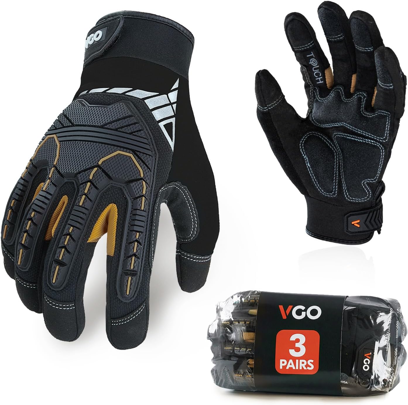 Vgo Safety Work Gloves Touchscreen, Anti Impact Heavy Duty (3 pairs) ⌚