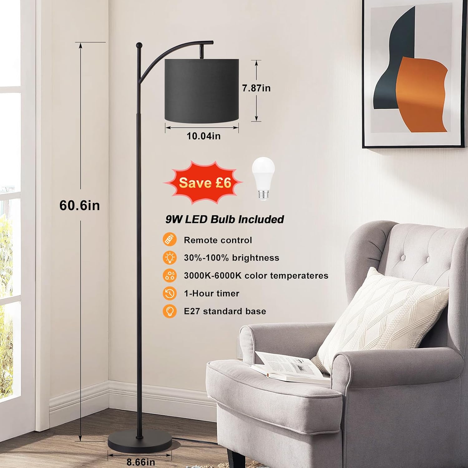 Detalle de Aooshine Black arc floor lamp 60 inch