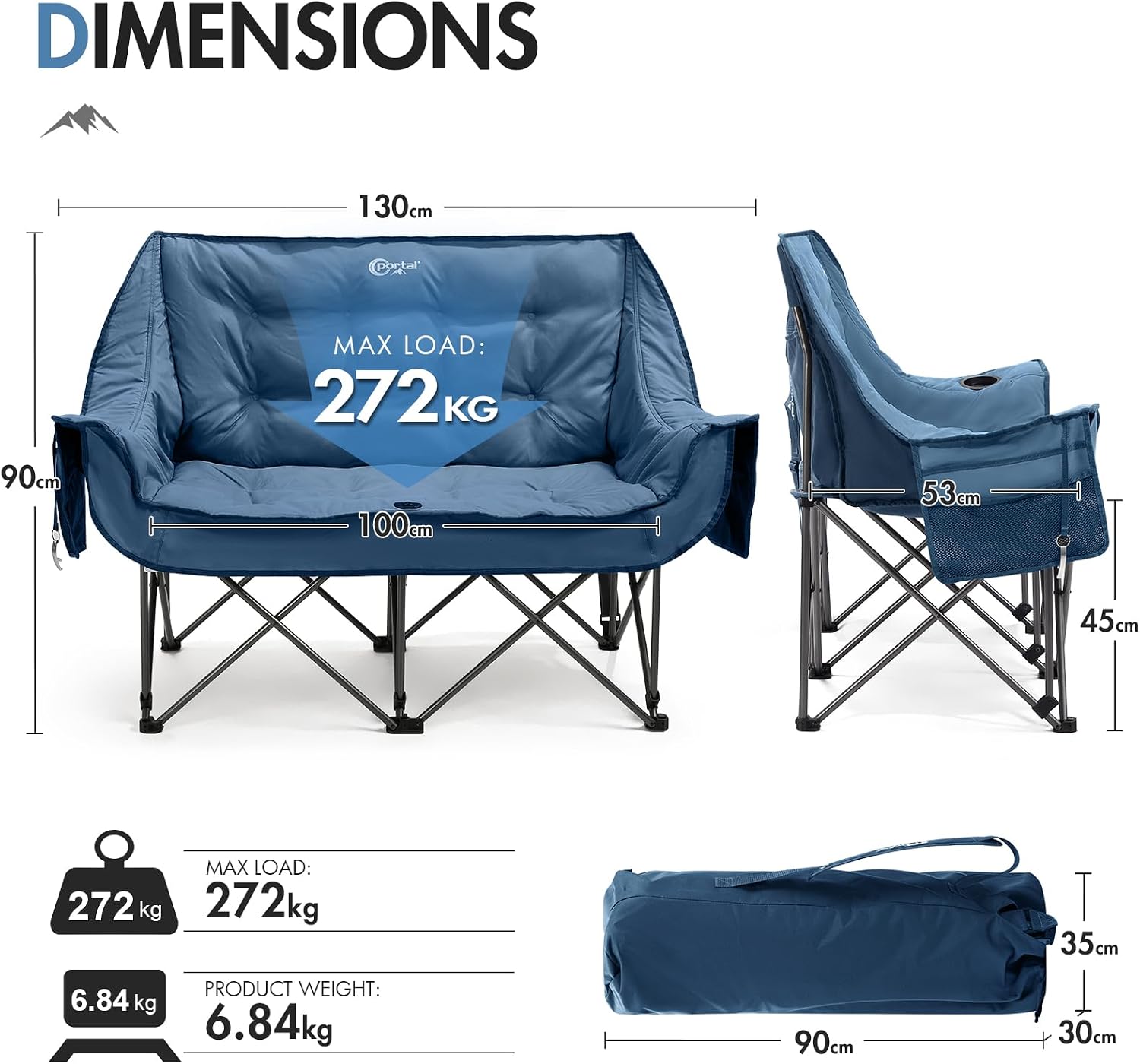 Thumbnail 2 de Portal Double Camping Chair padded folding camping sofa (272KG load) with pockets & bottle opener