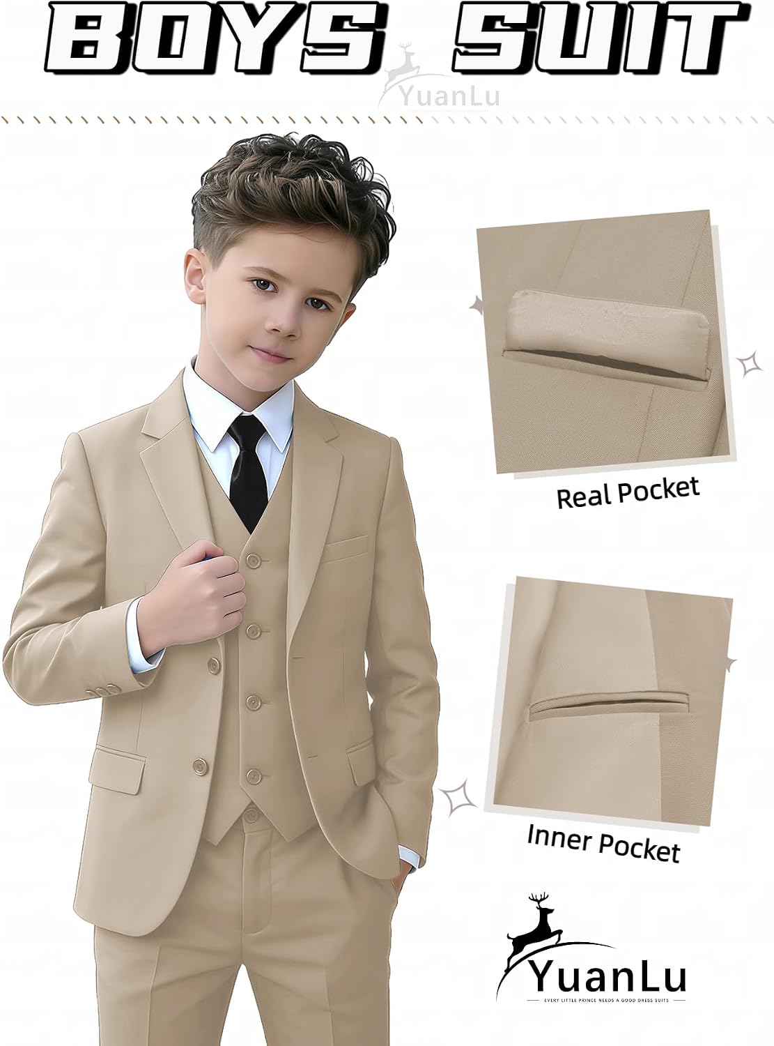 Thumbnail 2 de YuanLu Boys Slim Fit Champagne Suit Set with Adjustable-Waist Pants