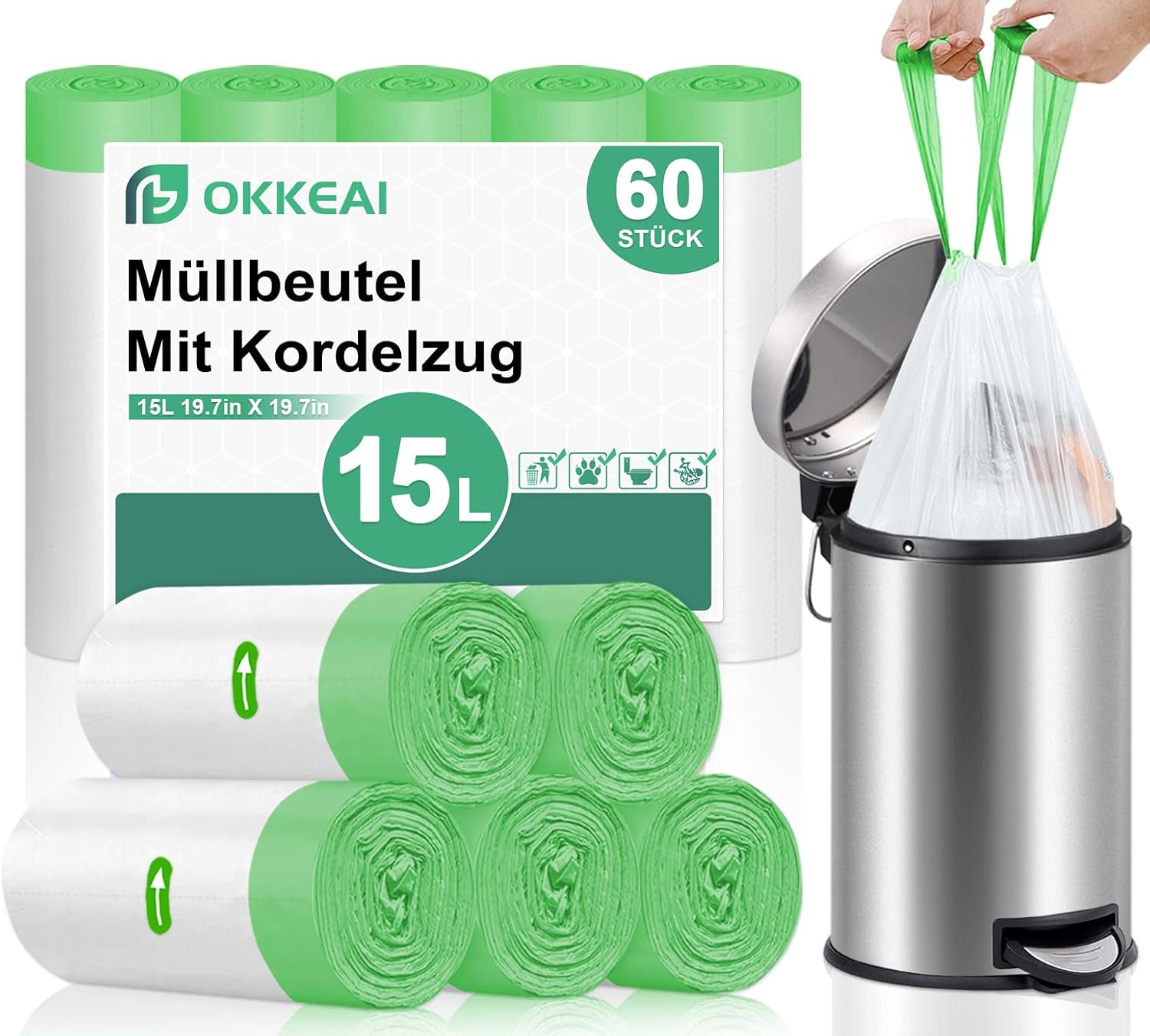 Thumbnail 6 de OKKEAI Schwarz Müllbeutel 15L mit Zugband – 75 Stück (Größe L, 60 x 50 cm)
