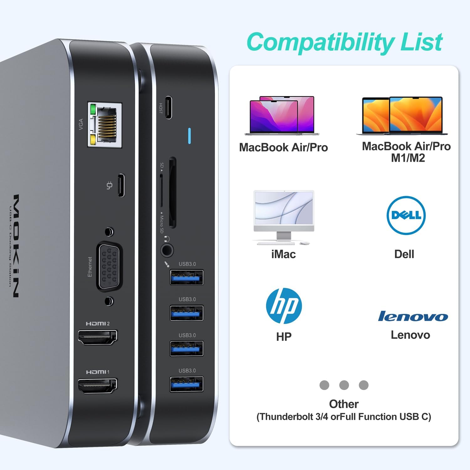 Thumbnail 6 de MOKiN 13-in-1 USB-C Docking Station für MacBook Air/Pro – 65 W PD, Dual 4K HDMI, USB-A/C, VGA, Ethernet, SD/TF