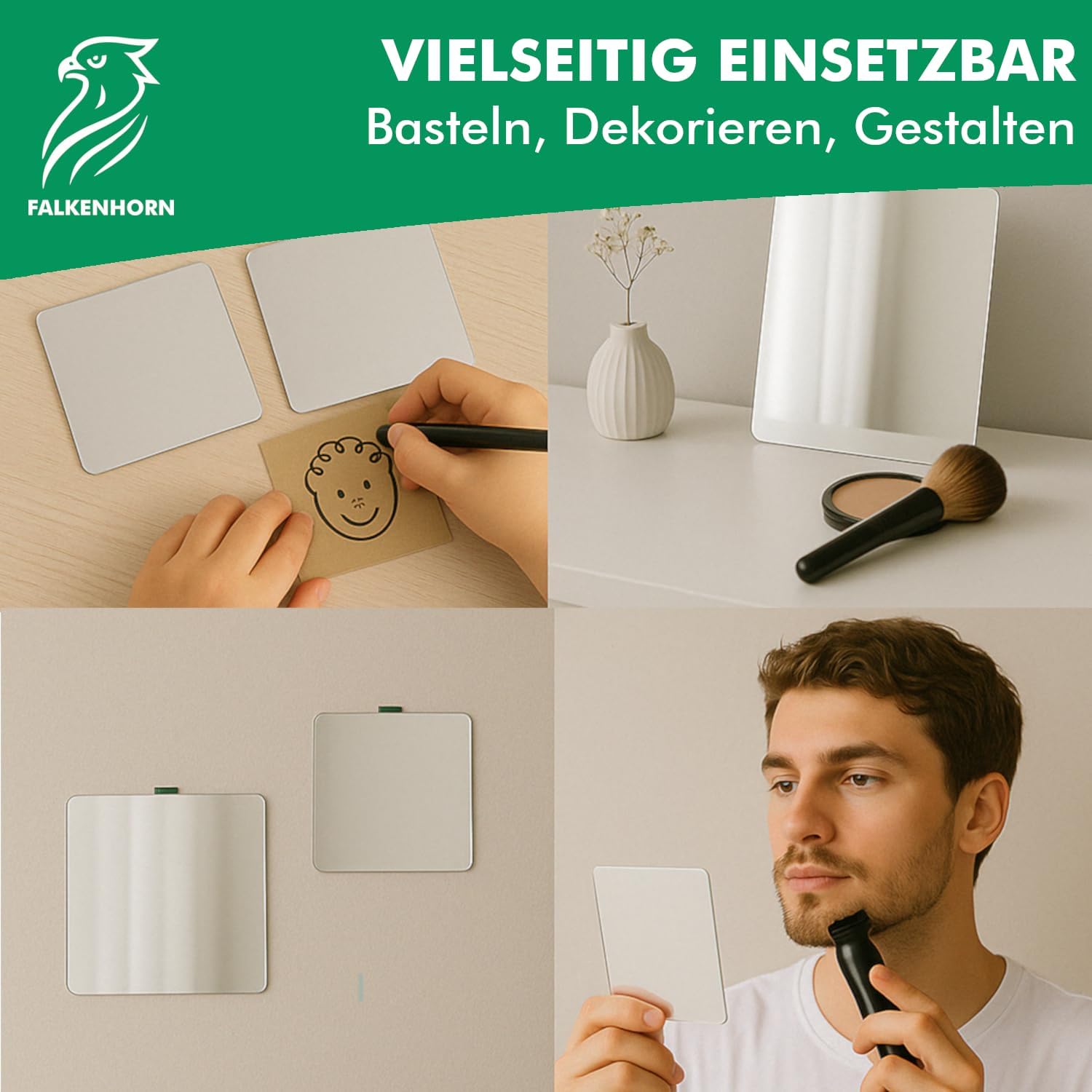 Detalle de Falkenhorn Handspiegel doppelseitig ultraflach aus Acryl, quadratisch 4,5 × 4,5 cm (5er-Set)