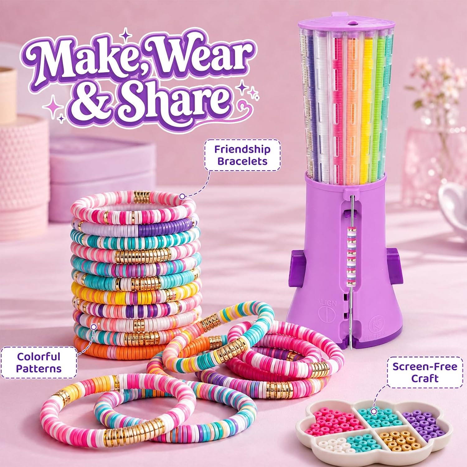 Detalle 2 de Fozcmisw Machine à bracelets enfant — kit créatif 2600+ perles, 16 couleurs, plateau tourneur pour 6–12 ans