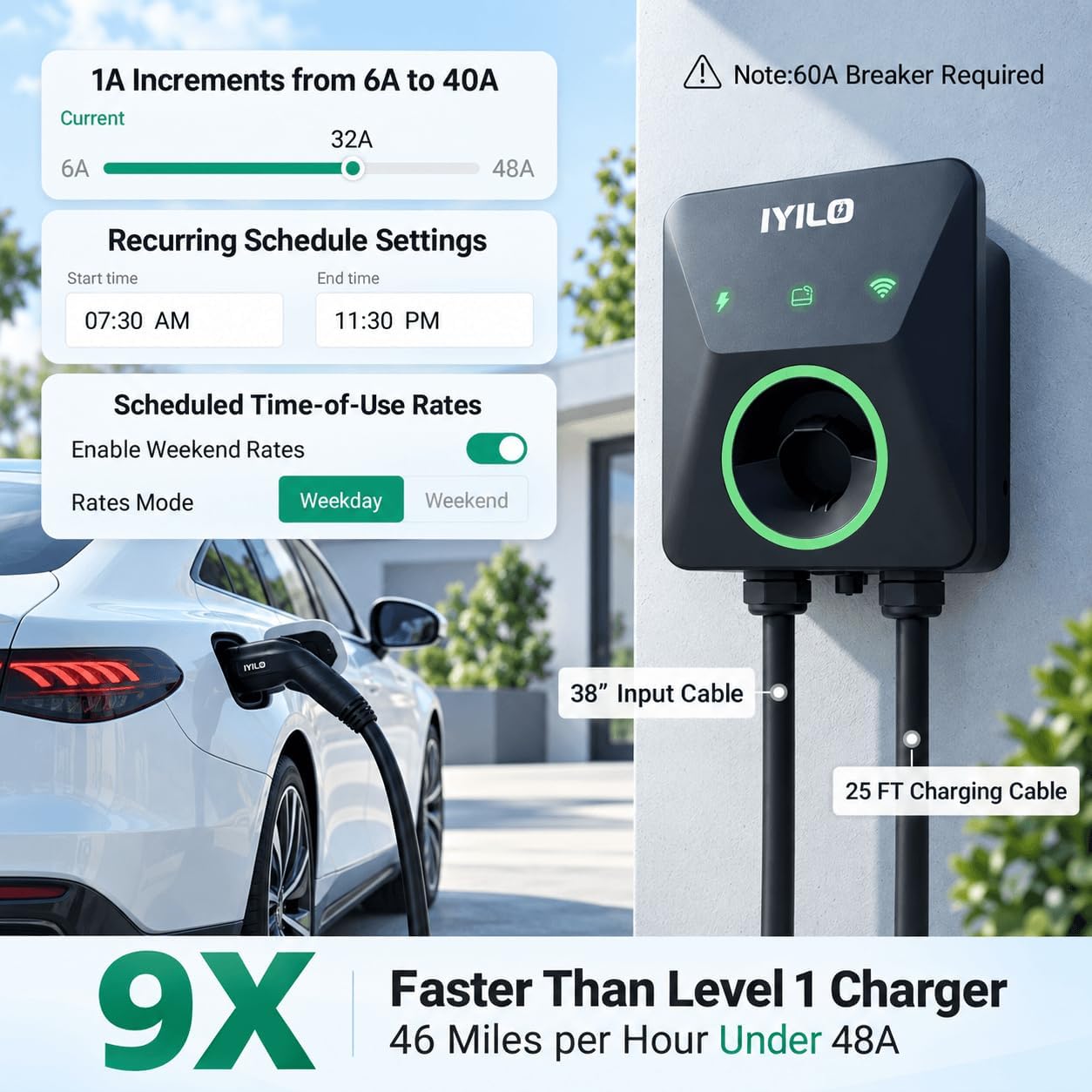 Thumbnail 1 de IYILO Level 2 EV Charger: 48A/11.5kW Wall Charger with Smart App and Dual Temp Sensors