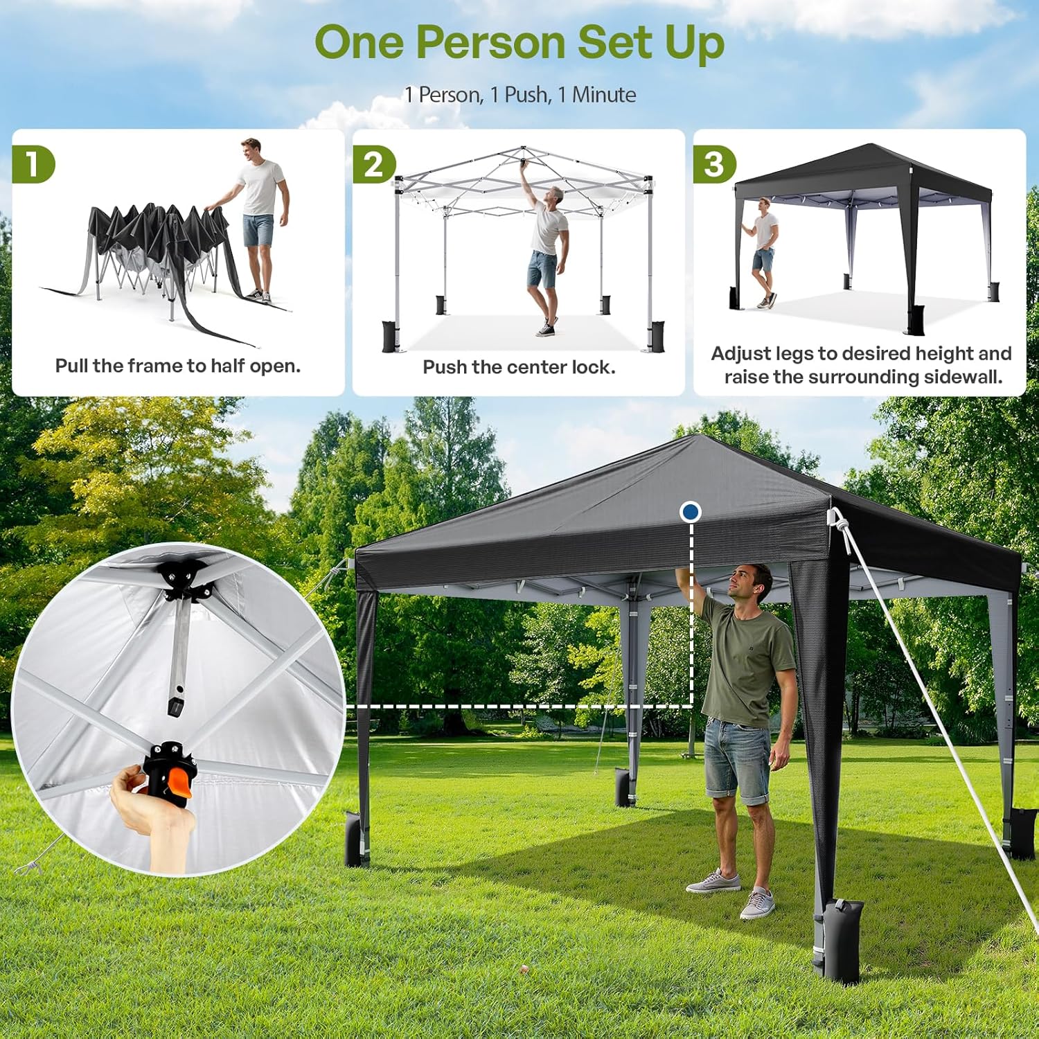 Detalle 2 de Driftalia Gazebo with Sides 3m x 3m – Waterproof Pop Up Gazebo with 4 Sandbags and Carry Bag (Black)
