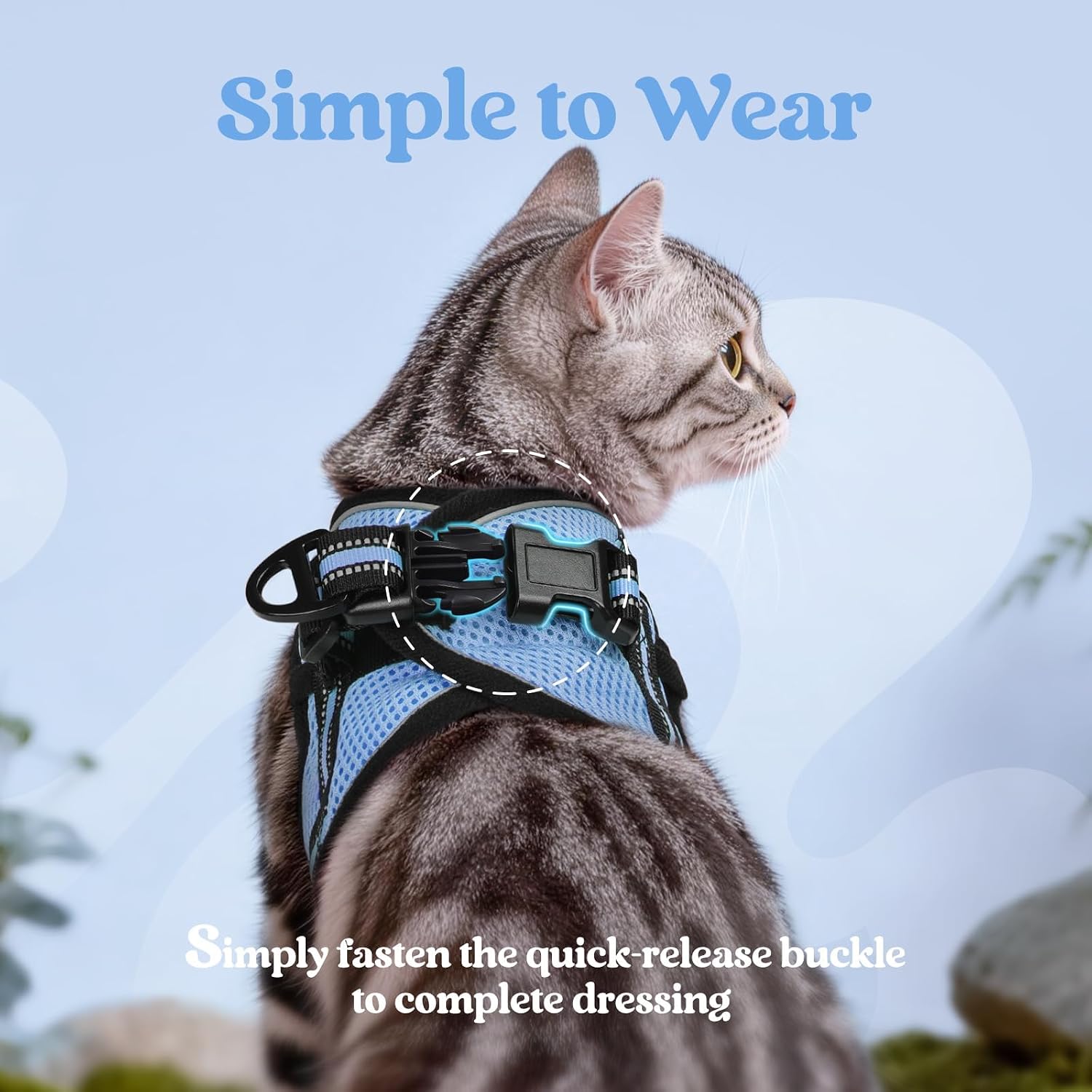Detalle de Rabbitgoo Cat Harness and Lead Set — Escape-Proof Vest with Reflective Leash (Medium, Light Blue)