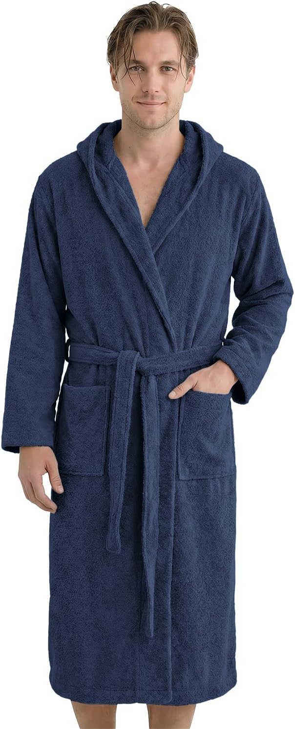 Detalle de LAYNENBURG Bademantel Herren – Frottee 100% Baumwolle, wadenlang, Kapuze, 360 g/m², ÖKO-TEX, geeignet für Sauna & Zuhause