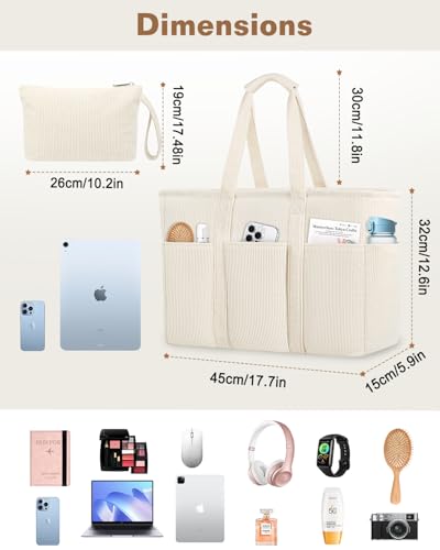 Detalle de LUROON Bolsa Tote Grande en Pana: Bandolera con Cremallera y Múltiples Bolsillos