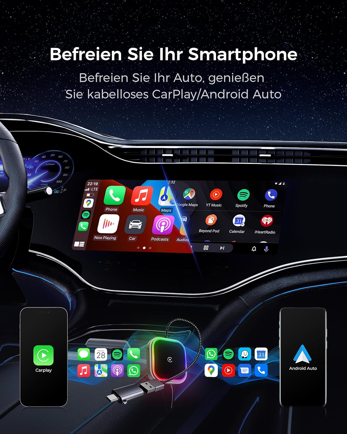 Thumbnail 1 de WityEye Wireless CarPlay & Android Auto Adapter 2-in-1 (Kabellos über CarPlay/Android Auto), mit RGB-Umgebungslicht und 5,8-GHz-WLAN