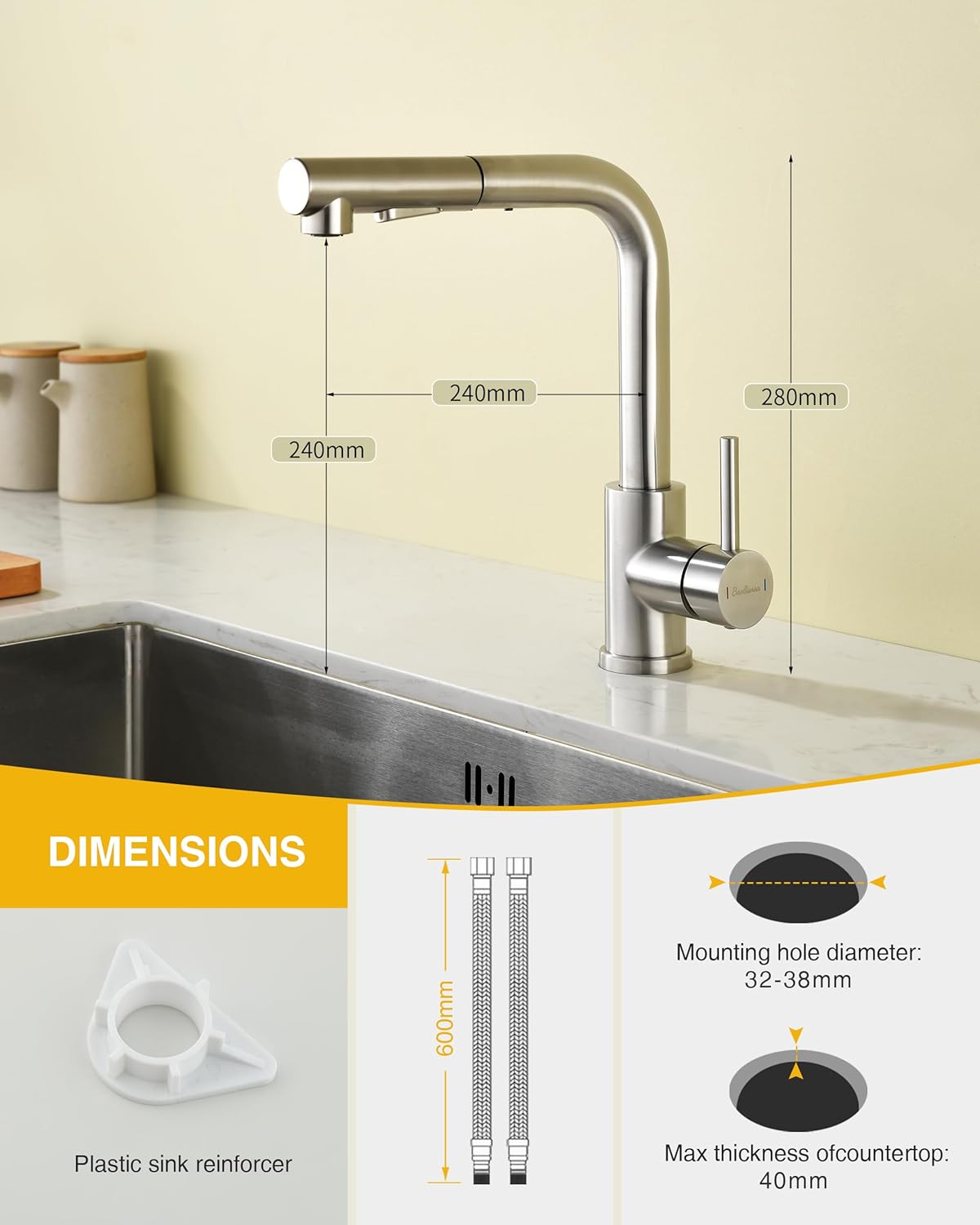 Thumbnail 5 de Robinet de cuisine Baollansa – Mitigeur extractible haute pression, acier inoxydable, pivot 360°