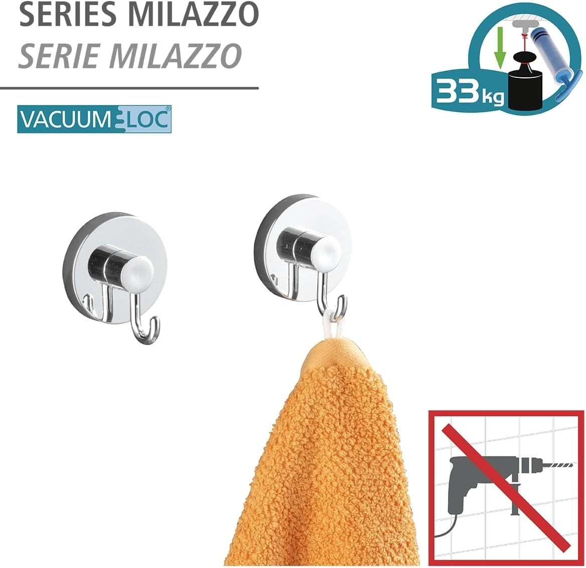 Thumbnail 1 de WENKO Vacuum-Loc gancio cromato set 2 pezzi – fissaggio senza trapano, ABS