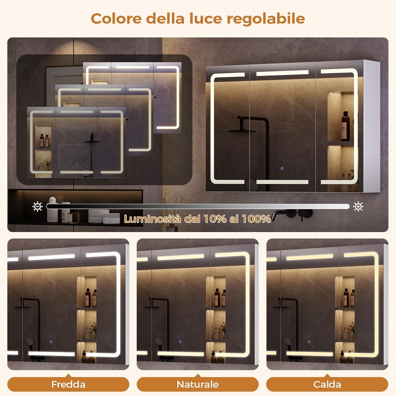 Detalle de mojiasion Specchio Bagno LED con Presa Elettrica + USB e specchi 360° (80x16x60 cm) sospeso, 3 ripiani regolabili, bianco